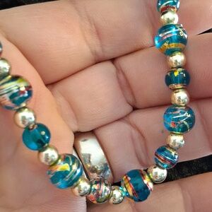 Vintafe Gold and Blue Glass Beaded Necklace 18 In.L W/ Magnetic Clasp.